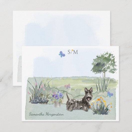 Scottish Terrier Butterfly Monogram & naam     Notitiekaartje (Voorkant / Achterkant)