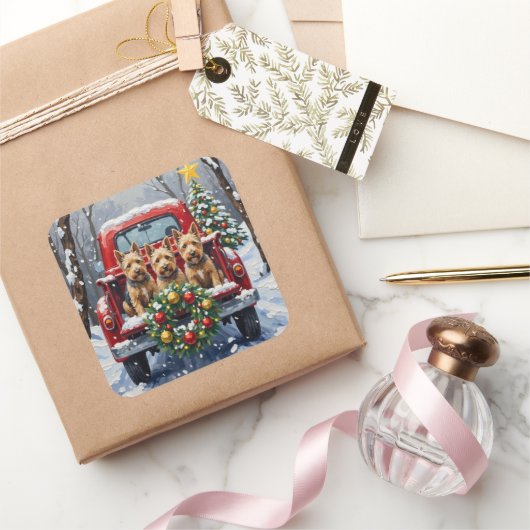 Scottish Terrier Christmas Red Truck Holiday Vierkante Sticker (Geschenken)