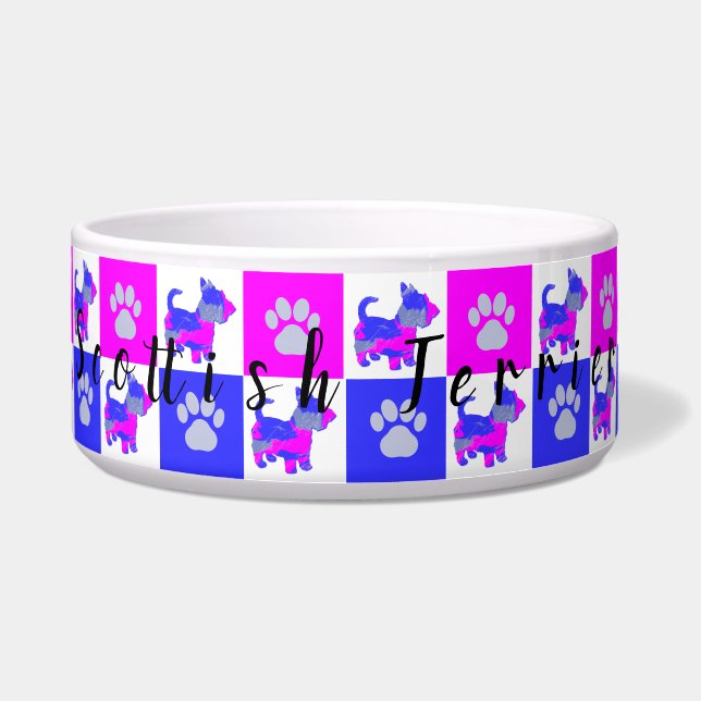 Scottish Terrier Dog & Paw Hot Pink & Blue Pet Bow Voerbakje (Voorkant)