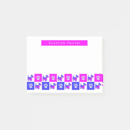 Scottish Terrier Dog &Paw Hot Pink&Blue Silhouette Post-it® Notes (Voorkant)