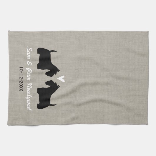 Scottish Terrier Dog Silhouettes met Heart Custom Theedoek (Horizontaal)