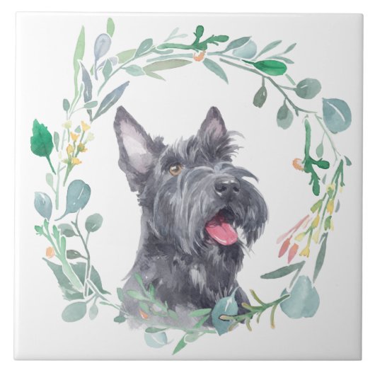 Scottish Terrier Dog Waterverf Wreath Tegeltje (Voorkant)