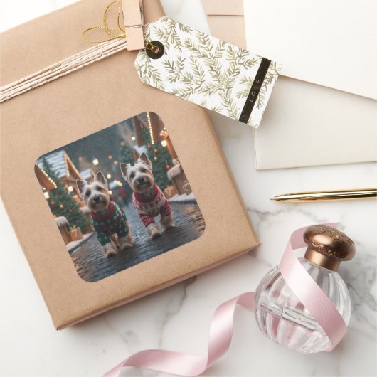 Scottish Terrier Dogs Christmas Snow Holiday Vierkante Sticker (Geschenken)