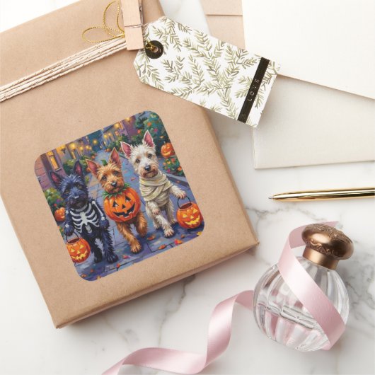Scottish Terrier Dogs in Halloween Costumes Vierkante Sticker (Geschenken)