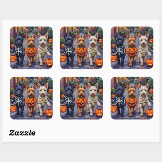 Scottish Terrier Dogs in Halloween Costumes Vierkante Sticker (Vel)