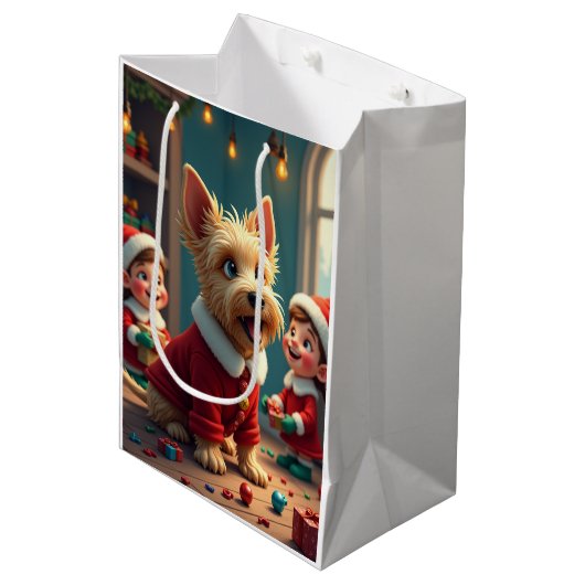 Scottish Terrier Helping Santa’s Elves Christmas Medium Cadeauzakje (Voorkant Gekanteld)