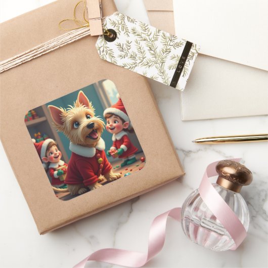 Scottish Terrier Helping Santa’s Elves Christmas Vierkante Sticker (Geschenken)