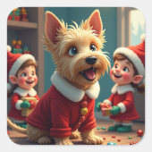 Scottish Terrier Helping Santa’s Elves Christmas Vierkante Sticker (Voorkant)