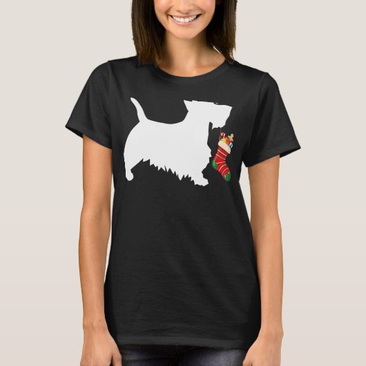 Scottish Terrier met kerststooking Stuffer Scotti T-shirt (Voorkant)