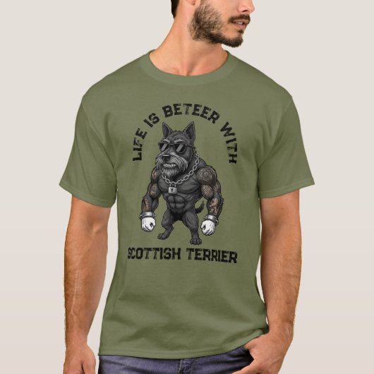 Scottish Terrier, muscular, tattooed, bodybuilder T-shirt (Voorkant)