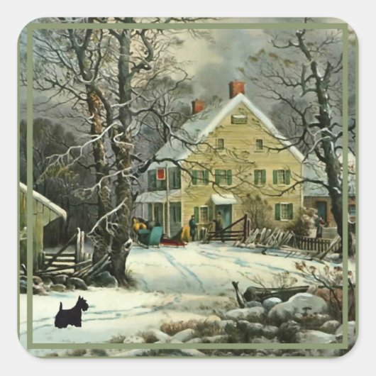 Scottish Terrier Old Fashioned Winter Square Stick Vierkante Sticker (Voorkant)
