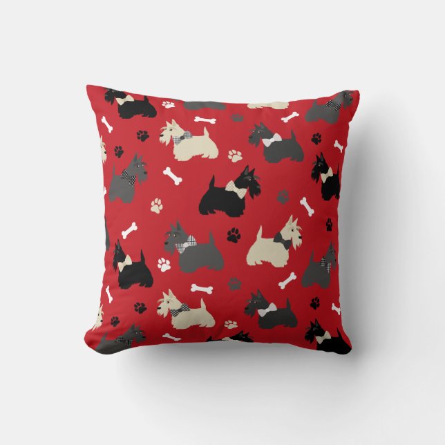 Scottish Terrier Paws and Bones Red Throw Pillow Kussen (Voorkant)