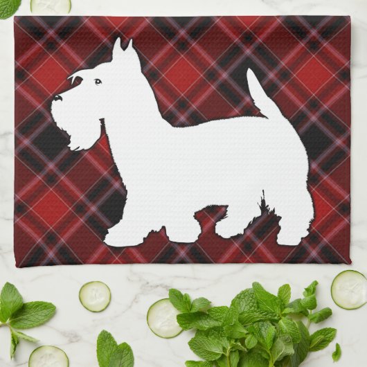 Scottish Terrier Red Black en White Tartan Theedoek (Gevouwen)