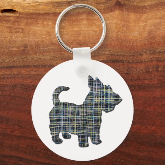 Scottish Terrier Scottie Dog Silhouette Y&B Grid Sleutelhanger (Achterkant)