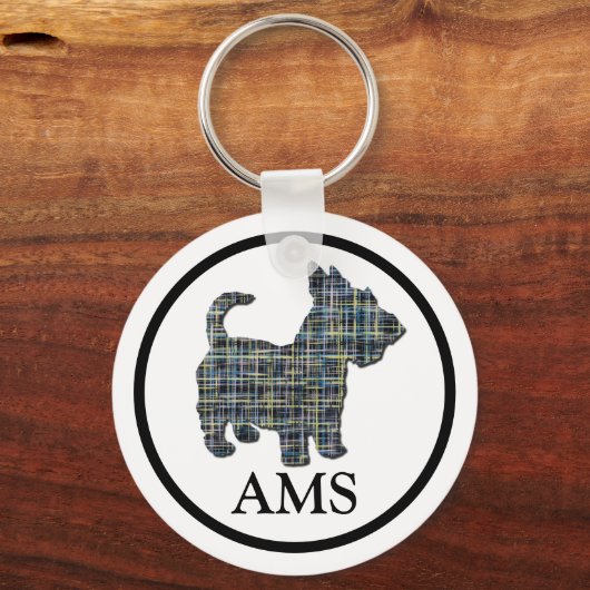 Scottish Terrier Scottie Dog Silhouette Y&B Grid Sleutelhanger (Voorkant)