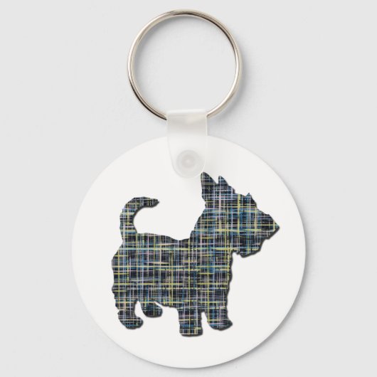 Scottish Terrier Scottie Dog Silhouette Y&B Grid Sleutelhanger (Achterkant)