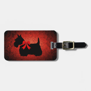 Scottish Terrier, silhouette, bow, granite red Bagagelabel