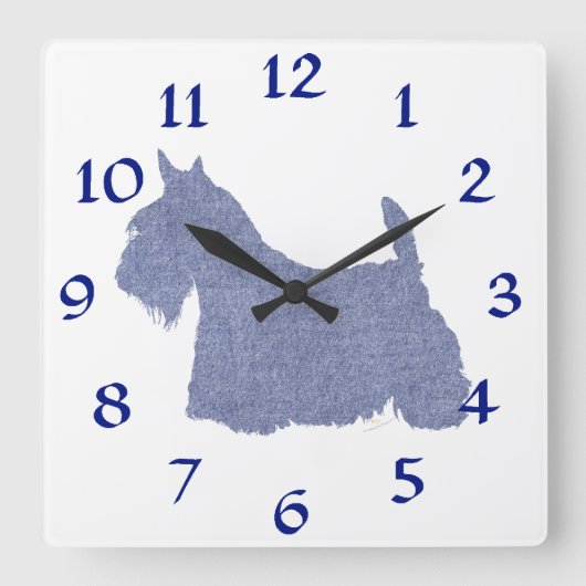 Scottish Terrier Silhouette in Denim Vierkante Klok (Voorkant)