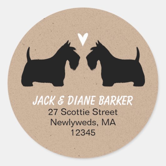 Scottish Terrier Silhouettes Retouradres Ronde Sticker (Voorkant)