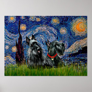 Scottish Terrier (twee zwarte) - Sterrennacht Poster