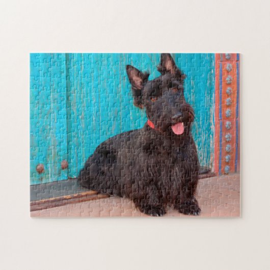 Scottish Terrier zit langs een kleurrijke deur Legpuzzel (Horizontaal)