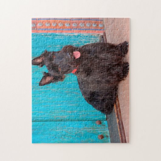 Scottish Terrier zit langs een kleurrijke deur Legpuzzel (Verticaal)