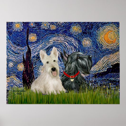 Scottish Terriers (twee-BW) - Sterrennacht Poster (Voorkant)