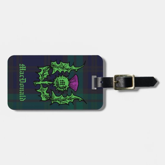 Scottish Thistle on Dark Tartan Custom Name Bagagelabel (Voorkant horizontaal)