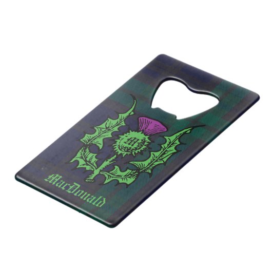 Scottish Thistle on Dark Tartan Custom Name Creditkaart Flessenopener (Voorkant Gekanteld)