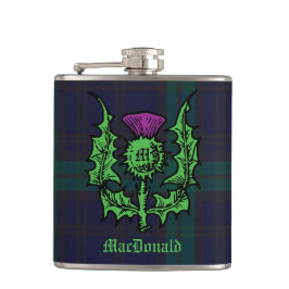 Scottish Thistle on Dark Tartan Custom Name Heupfles