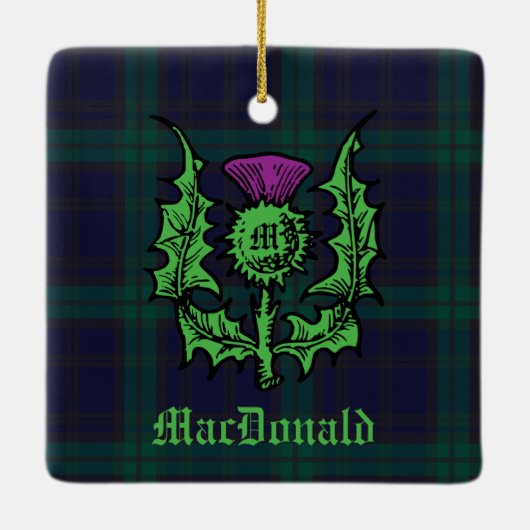 Scottish Thistle on Dark Tartan Custom Name Keramisch Ornament (Achterkant)