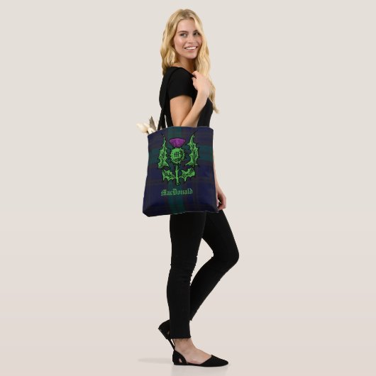 Scottish Thistle on Dark Tartan Custom Name Tote Bag (Op model)
