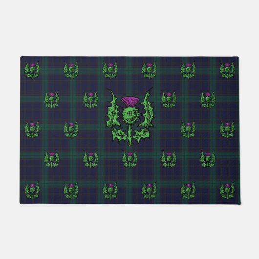 Scottish Thistle op Dark Tartan Custom Monogram Deurmat (Voorkant)