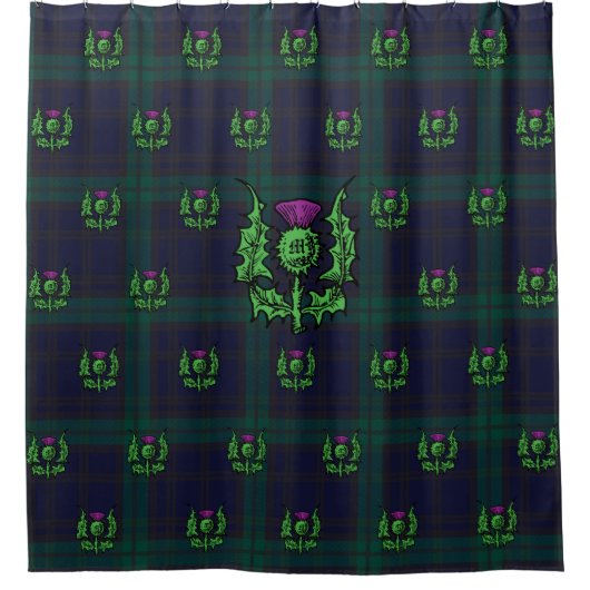 Scottish Thistle op Dark Tartan Custom Monogram Douchegordijn (Voorkant)
