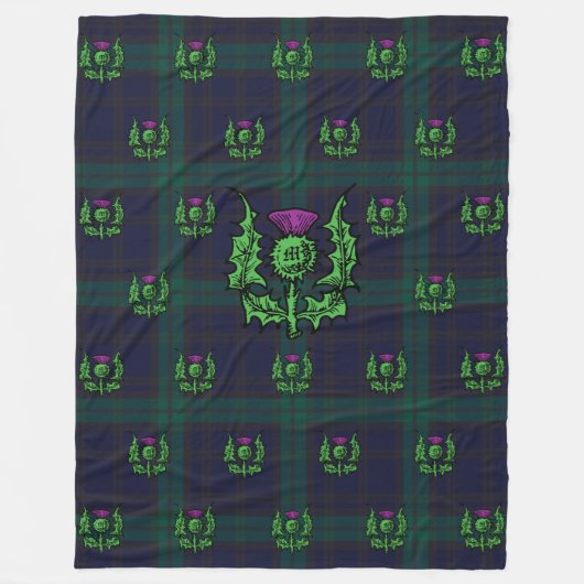Scottish Thistle op Dark Tartan Custom Monogram Fleece Deken (Voorkant)