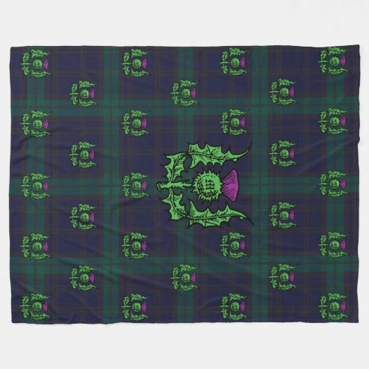 Scottish Thistle op Dark Tartan Custom Monogram Fleece Deken (Voorkant (Horizontaal))