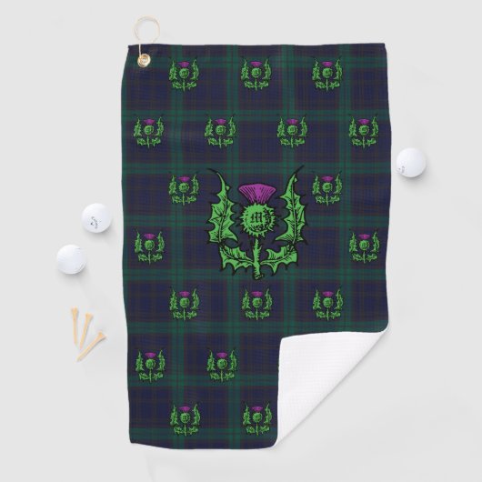 Scottish Thistle op Dark Tartan Custom Monogram Golfhanddoek (Insitu)