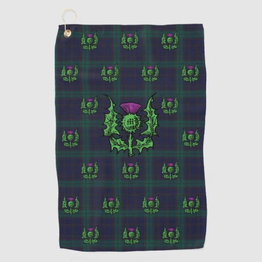 Scottish Thistle op Dark Tartan Custom Monogram Golfhanddoek (Voorkant)