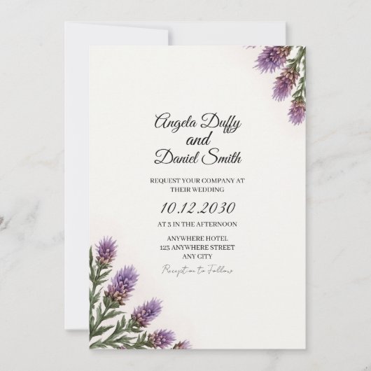 Scottish Thistle Script Wedding Invite Kaart (Voorkant)