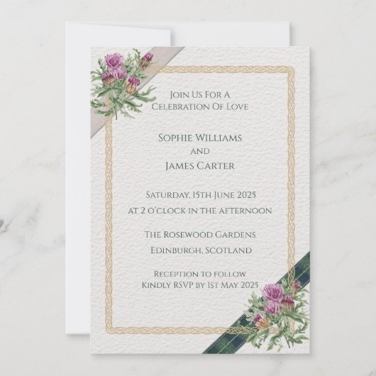 Scottish Thistle Wedding Invitation Celtic Tartan Kaart (Voorkant)