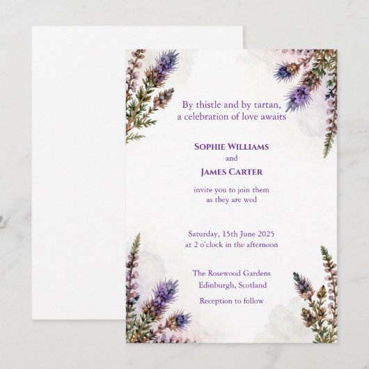 Scottish Watercolour Thistle Wedding Invitation Kaart (Voorkant / Achterkant)