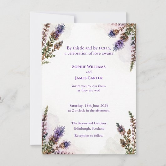 Scottish Watercolour Thistle Wedding Invitation Kaart (Voorkant)