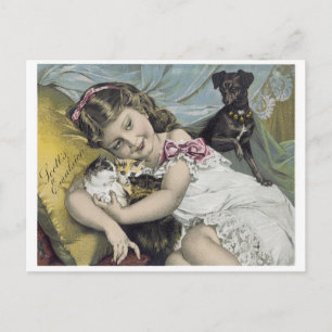 Scotts Emulsion Little Girl met Dog and Cat Briefkaart