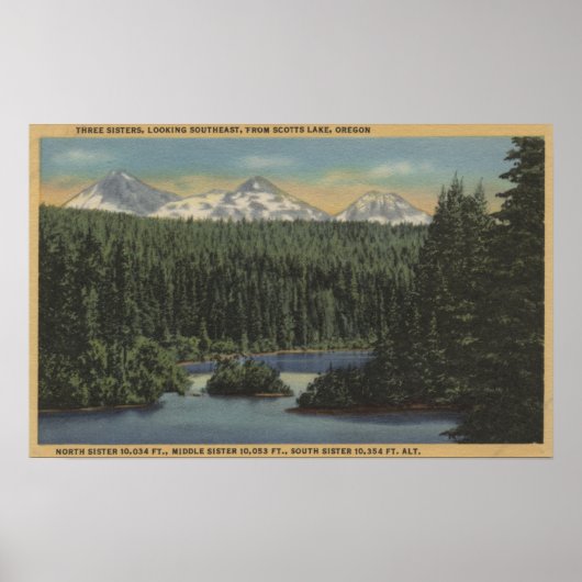 Scotts Lake, Oregon - Uitzicht van drie zussen Poster (Voorkant)