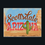 Scottsdale Arizona Vintage Travel Briefkaart<br><div class="desc">Scottsdale Arizona neo vintage reis poster wall art in cartoon retro stijl met de woestijn,  een cactus en een roodrotsomgeving.</div>