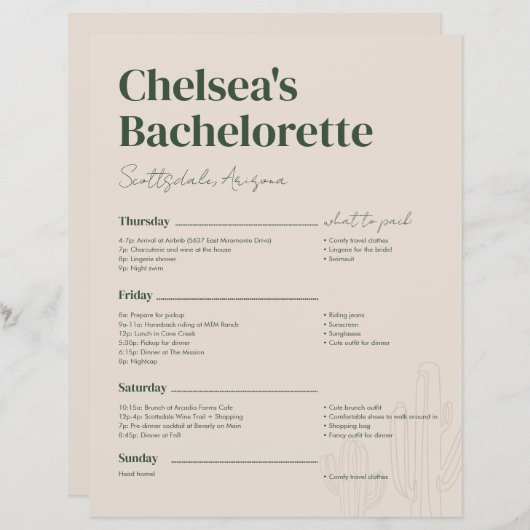 Scottsdale Bachelorette-weekendprogramma (Voorkant / Achterkant)