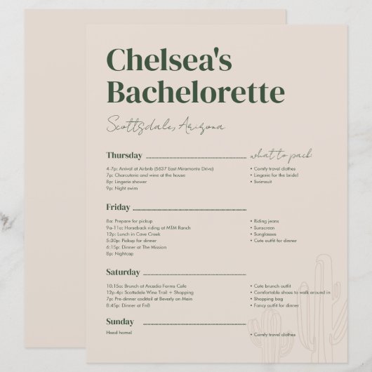 Scottsdale Bachelorette Weekendschema (Voorkant / Achterkant)