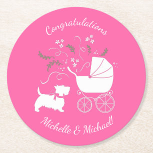 Scotty Dog Baby shower Scottish Terrier Pink Ronde Kartonnen Onderzetter