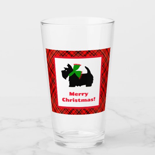 Scotty Dog en Tartan Vrolijk Kerstfeest Glas (Voorkant)