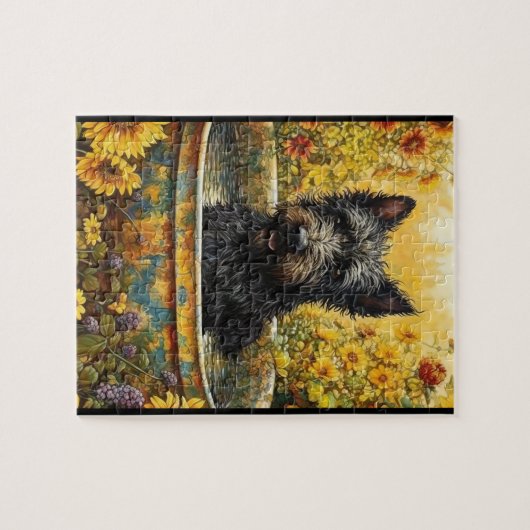 Scotty Dog in Tuinpot Tussen Bloemen Puzzel Legpuzzel (Horizontaal)